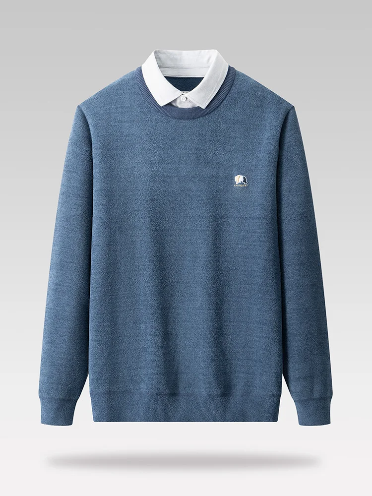 

Модный городской мужской вязаный свитер однотонного цвета, универсальный, с вышивкой, теплый, имитация двухслойности, осенне-зимняя новинка