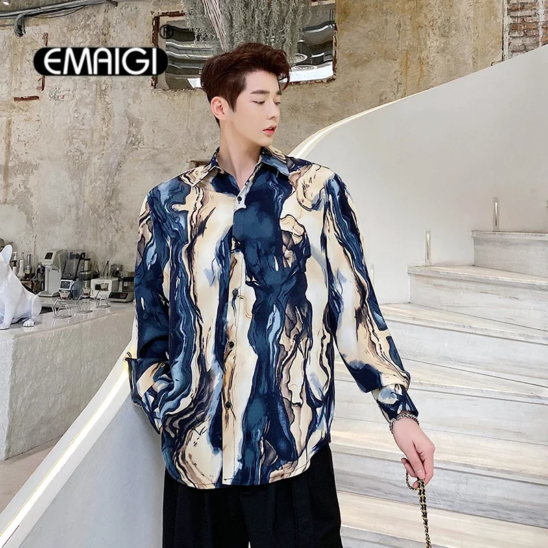 Oversize Shirt Men Net Celebrity Render Printed Loose Casual Long Sleeve Shirt Male Harajuku Korean Streetwear Vintage Shirts