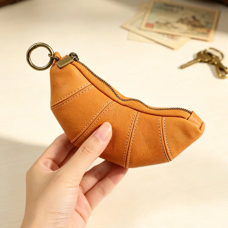 Vegetable Tanned Top Layer Leather Croissant-Shaped Coin Purse Unisex Portable Earphone Lipstick Pouch With Lanyard