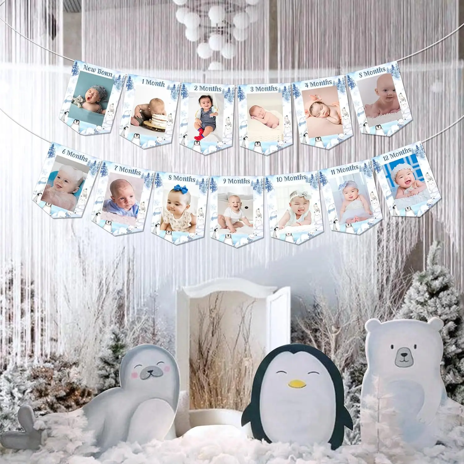 Arctic Polar Animals Photo Banner Winter Onederland 1st Birthday Party Decoration Photo Banner Newborn to 12 Months Photo Banner