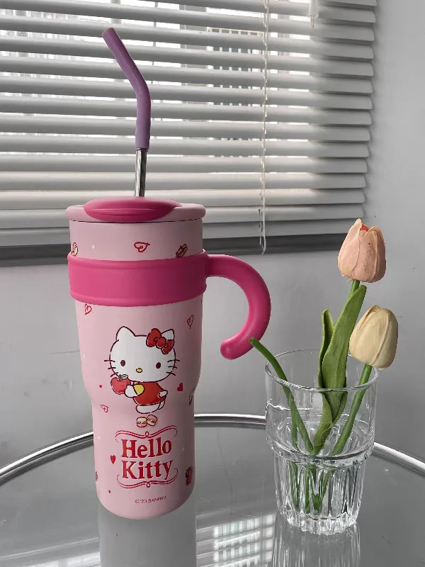 Sanrio Cute Hello Kitty Insulated 1200ml Water Bottle Large Capacity Straw Thermos Cup My Melody Cartoon Children Stainless Cup