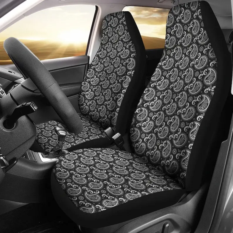 

Black Paisley Pattern Car Seat Covers Set Bandana Print Front Bucket Seat 2 Pack For most SUVs or Cars