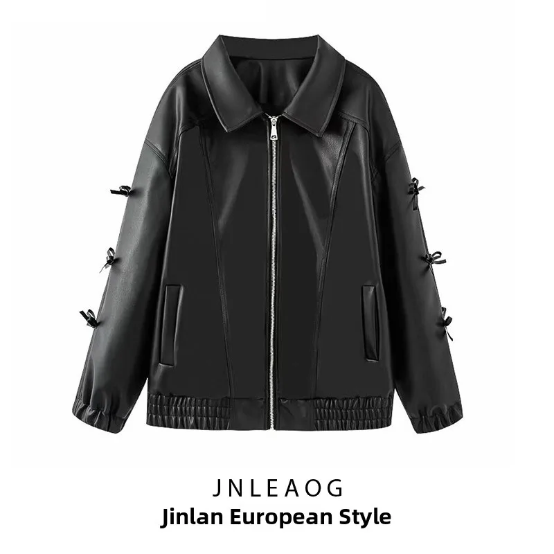 JNLEAOG Spring New Sle Women's Faion  Knot Leather Jaet Autumn Winter Trend High-End Feeling  Outerwear
