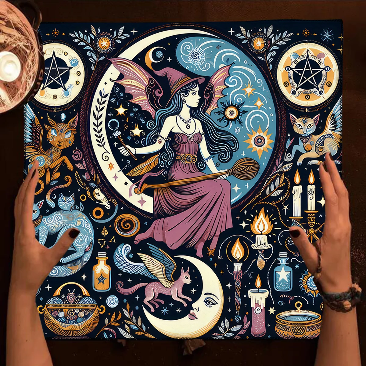 Mystical Witchy Celestial Altar Cloth Tarot Cloth with Cute Animal & Celestial Design Vintage Witch Tarot Mat Halloween Decor