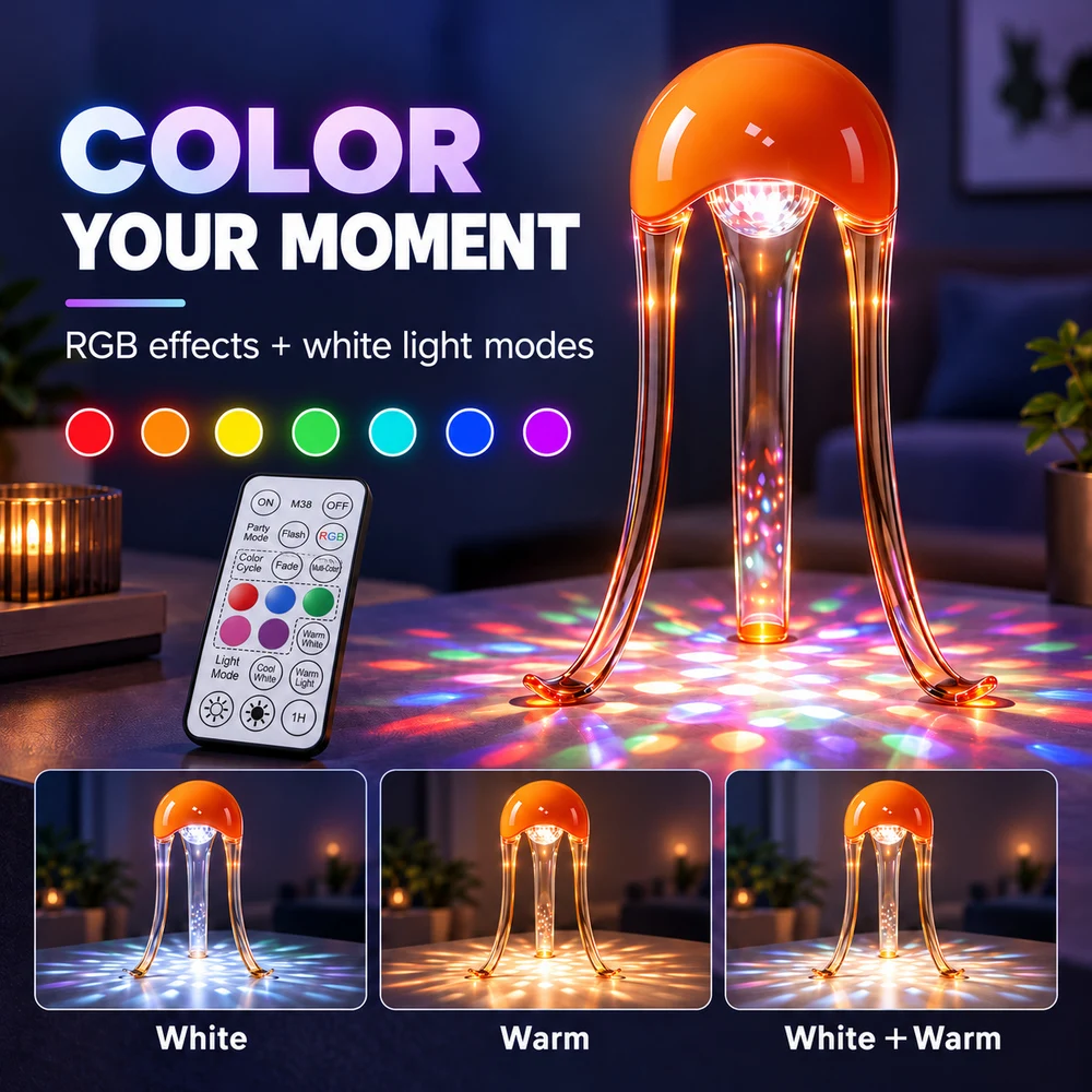 RGB Jellyfish Party Light with Remote & Touch Control USB-C Rechargeable Sound Reactive Dimmable Lamp for Bedroom Decor
