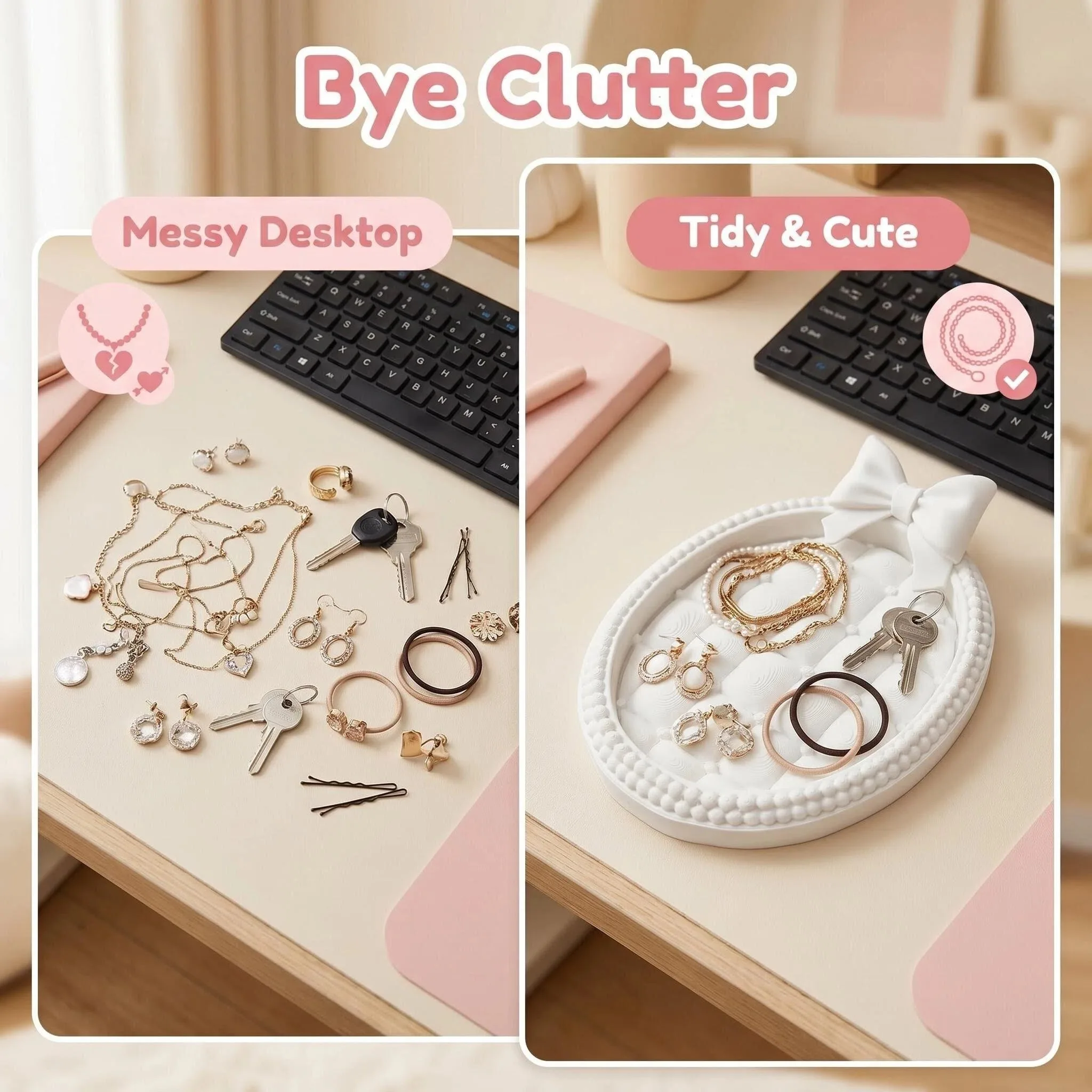 Bow Decor Jewelry Tray, Cute Oval Vanity Organizer, Pink & White Dresser Tray for Rings Earrings Necklaces Keys and Small Items view 6