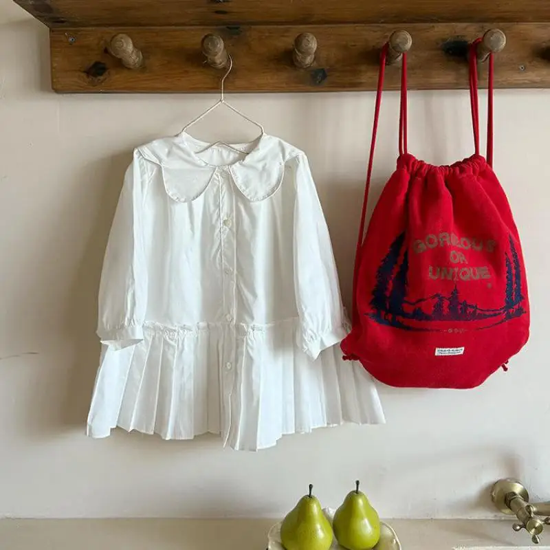 

Children Long Sleeve Dress Baby Girl Large Lapel Loose Dress Kids Clothes 2025 Autumn New Girls Preppy Style Pleated Dress Solid