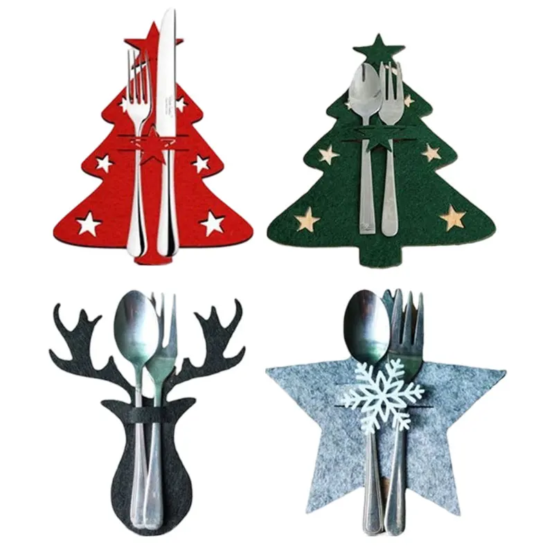4 Styles Christmas Knife and Fork Holder Elk Xmas Tree Pocket Cutlery Bag Non-woven fabric Cookware Organizer Table Decorations