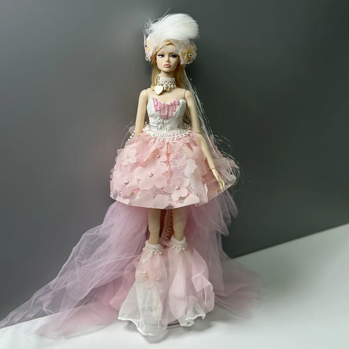 Sweet Pink Petal Fairy Evening Dress+Feather Headdress+Necklace+Leg Covers Set For 1/6 Babi Xianxian Supermodel Doll Clothes