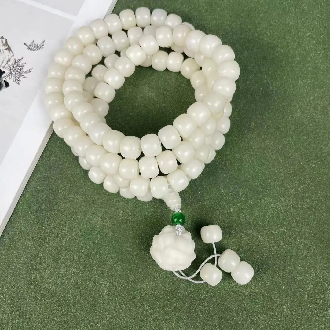 Lucky White Jade Bodhi Seed Lotus Carved 108 Beads Handheld Bracelet Necklace Car Hanging Prayer Beads for Couples Gifts