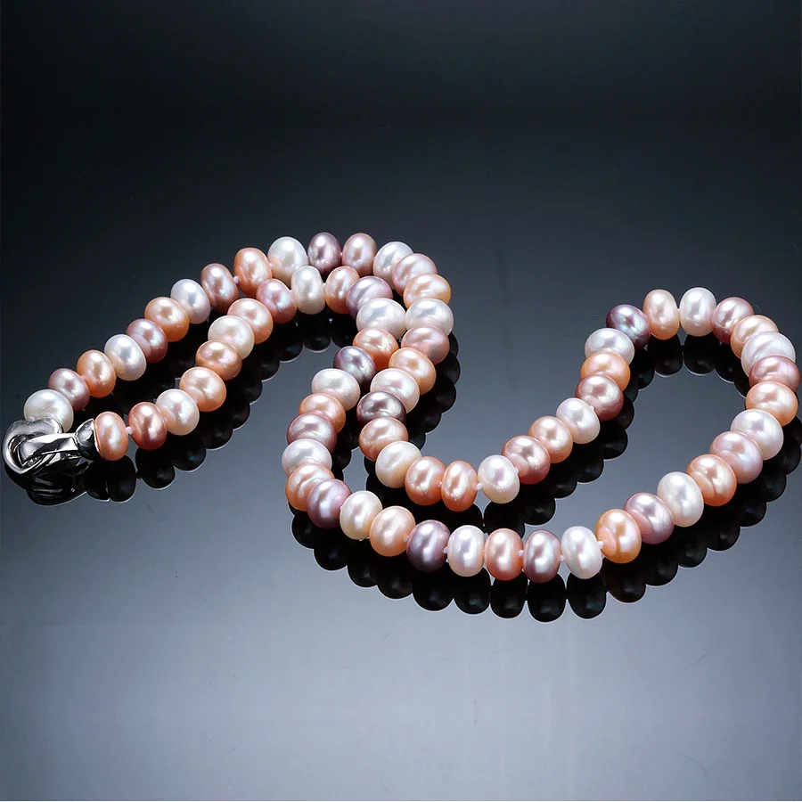 

YWYC 7-10mm Freshwater Pearl Necklace for Women Colorful Mix Color Bread Bead 925 Sterling Silver Clasp Necklaces Jewelry Gift