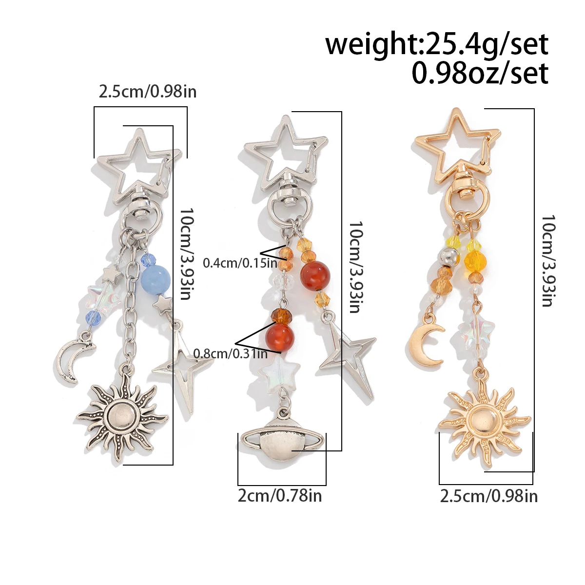 Ingemark 3Pcs/Set Punk Stars Moon Sun Pendant Bag Keychain for Women Boho Colorful Beads Key Ring Bag Chain Y2K Jewelry Gift New