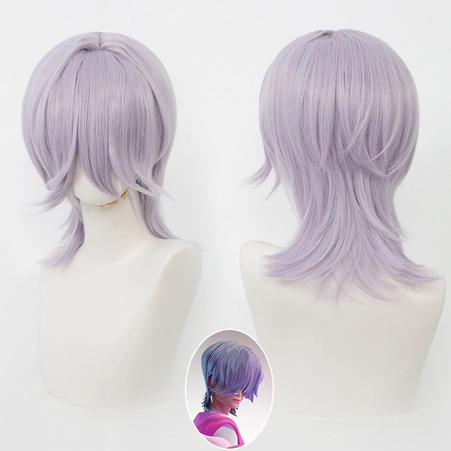 

Парик для косплея в стиле аниме и K-pop для мужчин, короткий, светло-фиолетовый, многослойный, пушистый, с челкой, из синтетических волос