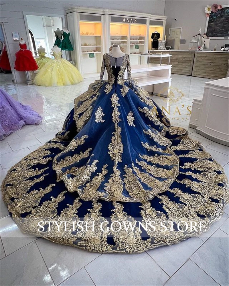 Princess Navy Blue Gold Lace Beaded Pearl Ball Gown Quinceanera Dresses Celebrity Party Prom Gowns Graduation Vestido Customized