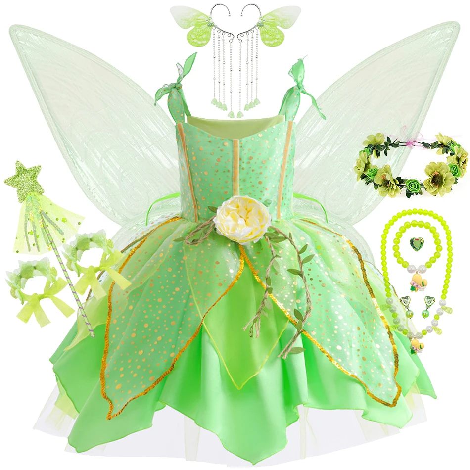 Girls Tinker Bell Dress With Wings Luxury Sequin Green Fairy Costume Halloween Fantasy Cartoon