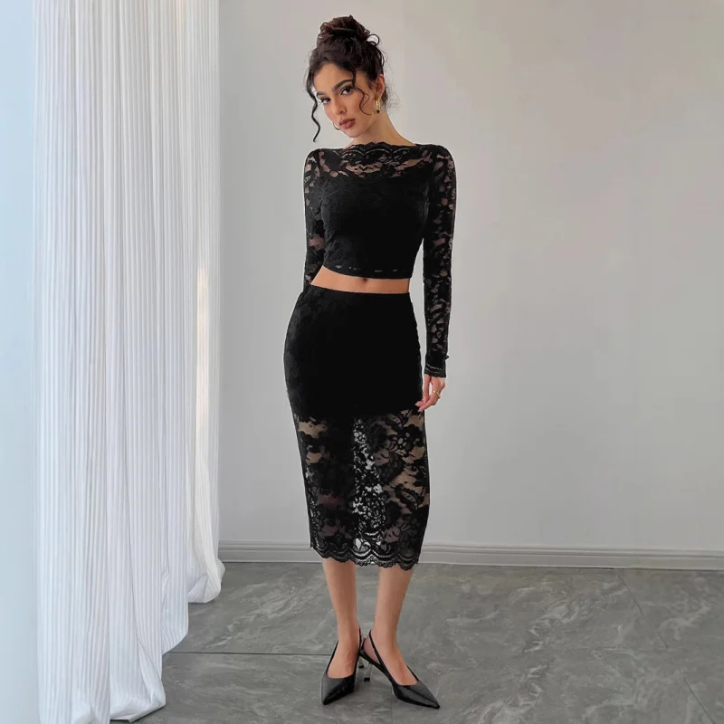 Independent Station2025Autumn and Winter New Sexy Ladies Lace Jacquard Semi-Transparent Half-Length Skirt Set