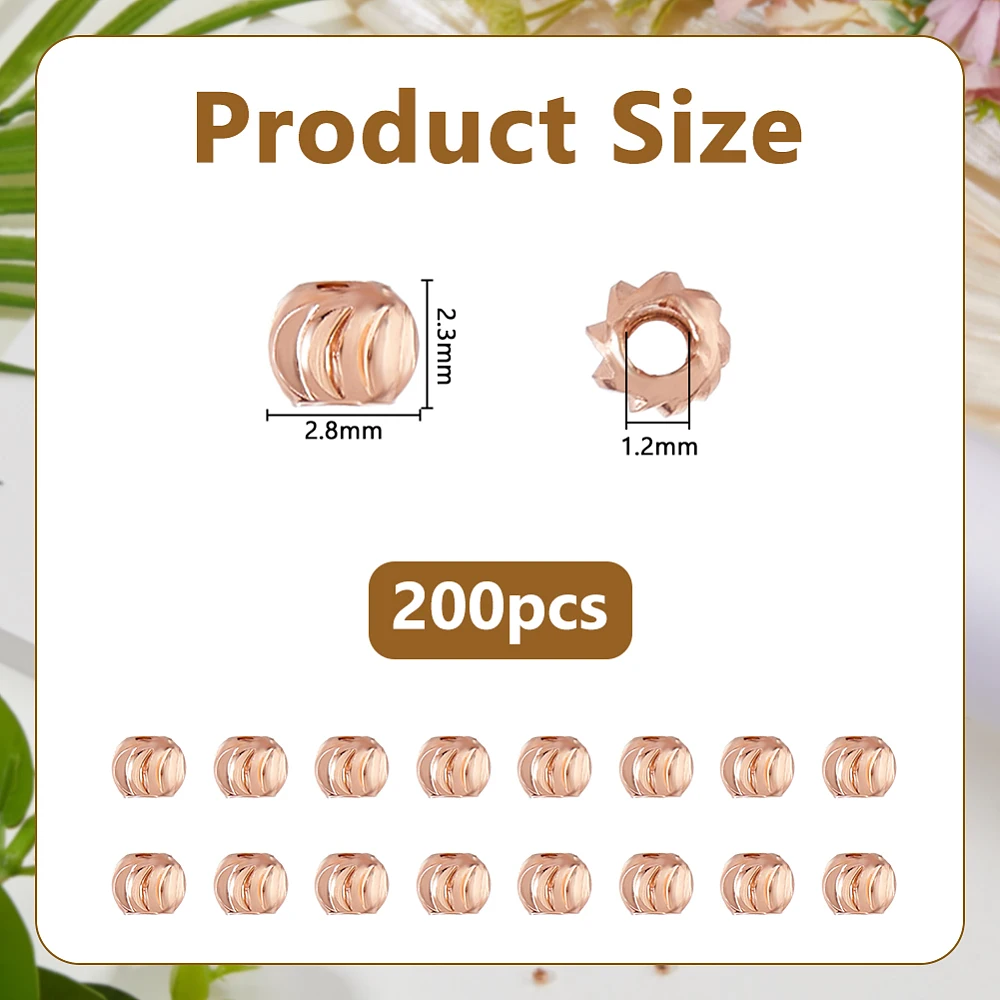 200Pcs Pure Copper Bead 2mm Brass Spacer Beads Rose Gold Spacer Beads Corrugated Round Bead Loose Spacers for Bracelets