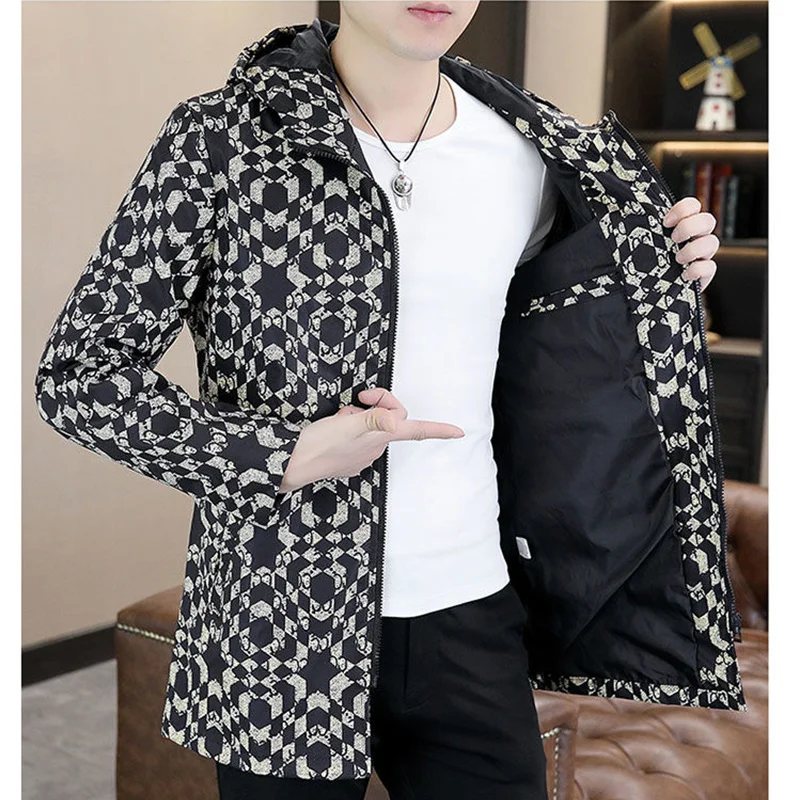 Autumn Winter Loose Casual Vintage Printing Coat Male Fashion All-match Zipper Hooded Jacket Homme Outwear Top Men's Clothing