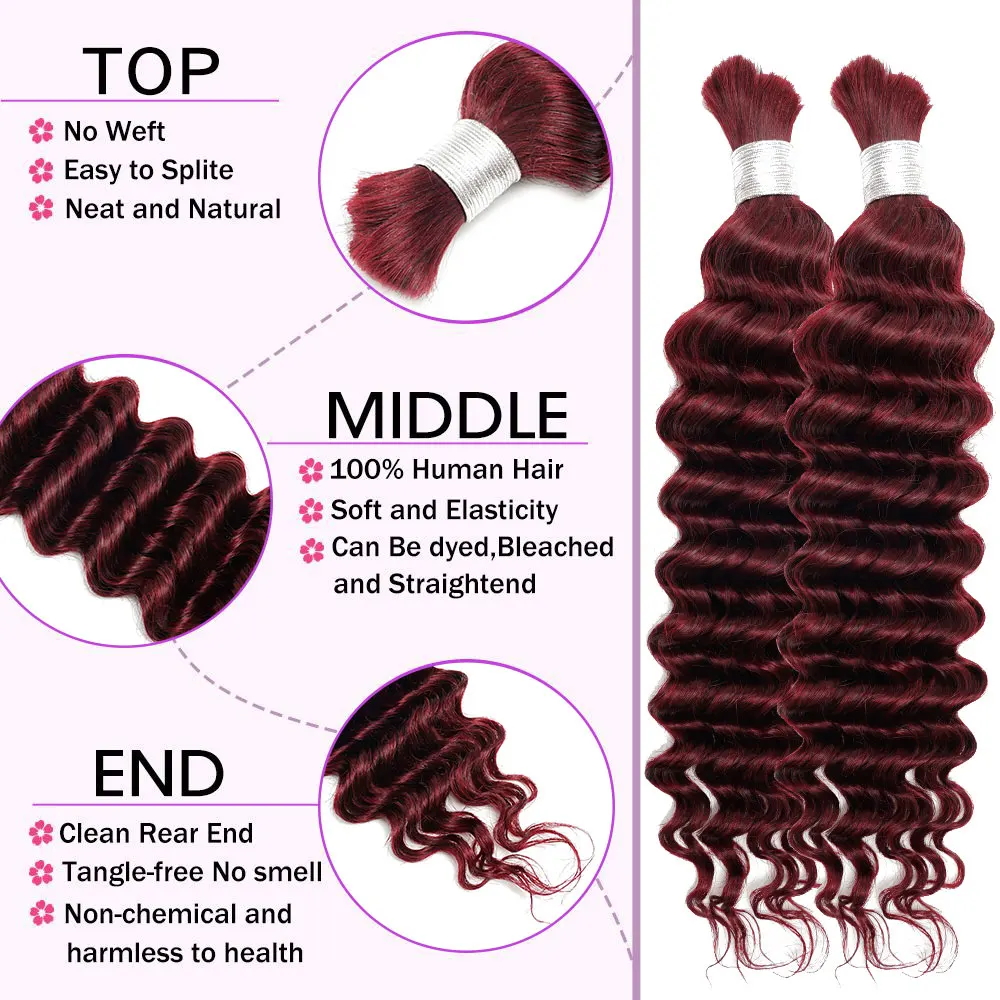 99j Bordeaux Bulk Menselijk Haar Voor Vlechten Diepe Golf Menselijk Haar Bundels Geen Inslag Bundels Voor Vrouwen Hair Extensions 100g