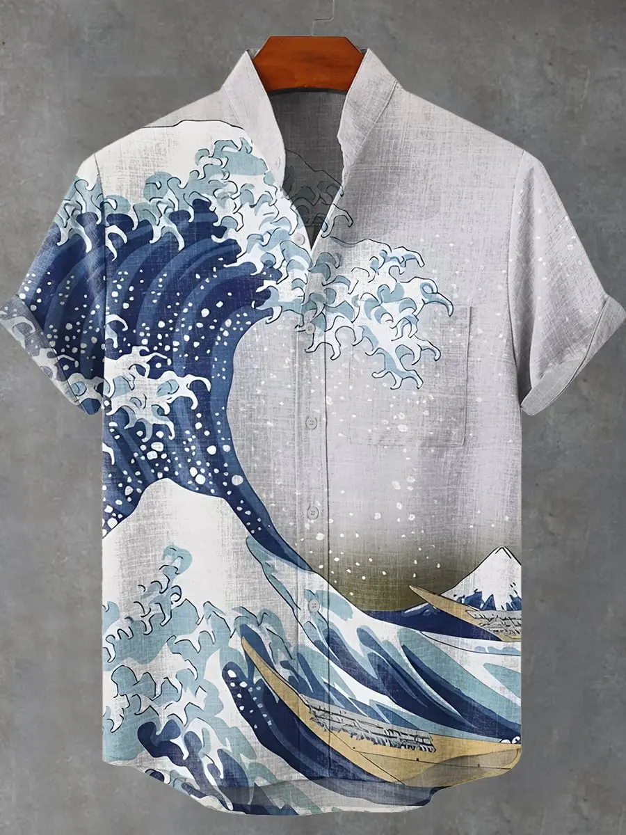 

3D print wave print retro casual men's linen short sleeved shirt fashionable men's top linen short sleeved shirt
