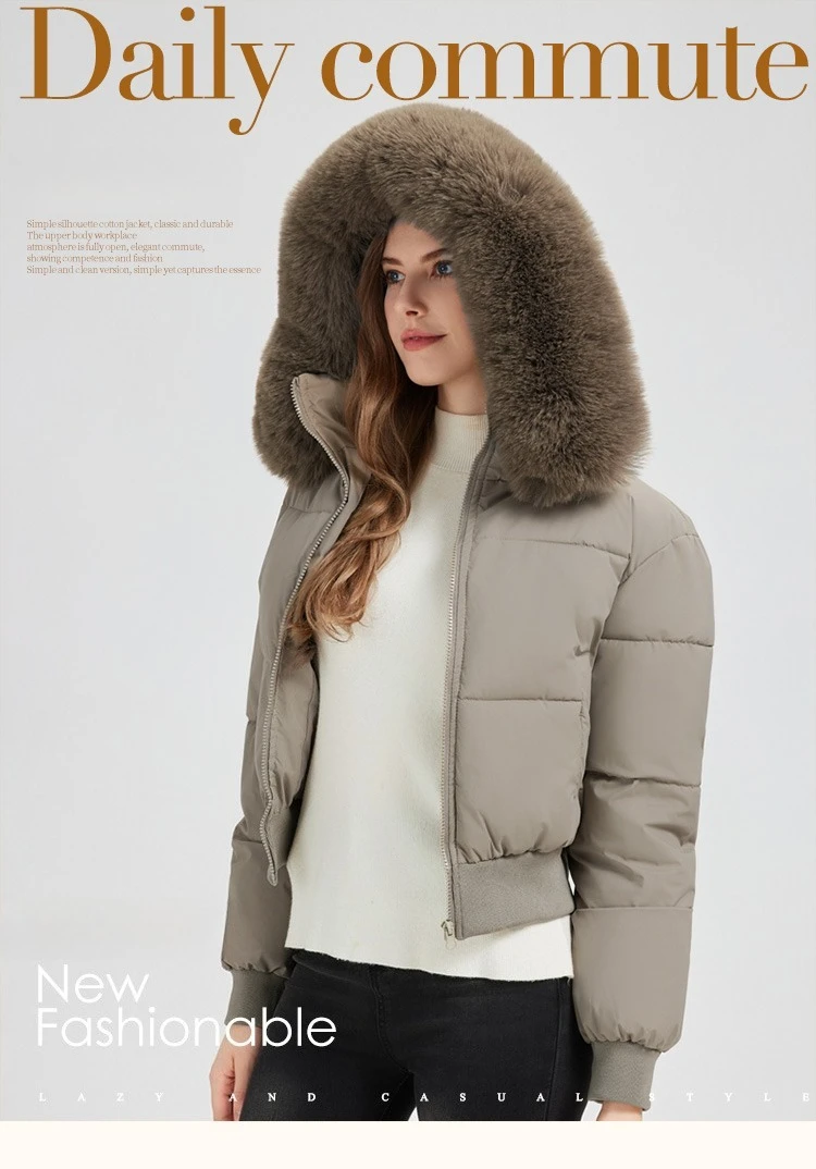 2026 Thicken Short Women's Winter Jacket Korean Style Down Cotton Coat Casual Warm Fur Hooded Cropped Parkas Chic Streetwear