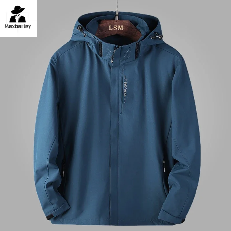 2024 Autumn Jacket Men's Casual Fashion Loose Waterproof Hooded Coat Plus Size Men's Camping Sport Hiking Zipper Windbreaker