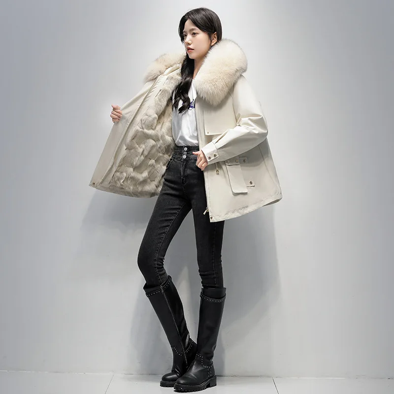 

Women's Fox Fur Lined Parka Coat Detachable Fur Collar Long Sleeve Mid-Length Elegant Commute Style Adult Size Genuine Fox Fur