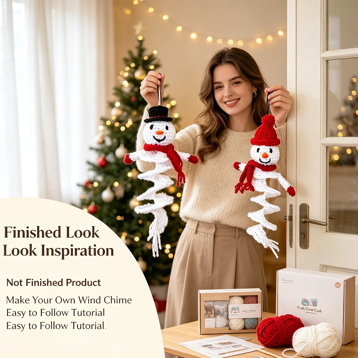 2Pcs Christmas Snowman Crochet DIY Kit, Not a Finished Product, Beginner-Friendly Yarn Knitting Set, Includes Full Set of Yarn and Crochet Tools, Comes with English Graphic Tutorial, Easy to Learn for Beginners, a Soothing and Stress-Relieving Handmade Item, Classic Red and Green Snowman Santa Claus Design, Paired with White Tassels and Beads, Fully Captures the Christmas Atmosphere, Suitable for Christmas and New Year Home Christmas Tree Hanging Decorations, Holiday Scene Decoration for Windows and Doors
