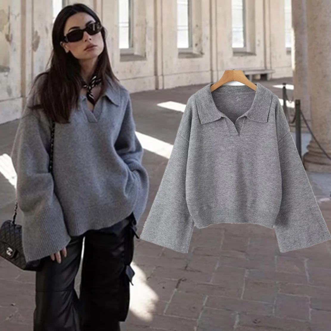 

Jenny&Dave Winter Blogger Retro Large Lapel Loose Gray Sweater Fashion Casual Boyfriend Style Knitted Sweater Women Top