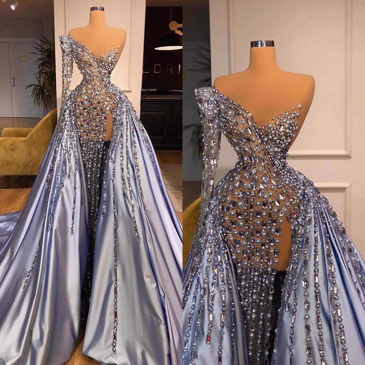 Gorgeous Mermaid Evening Dresses For Women Crystal Gowns Slim Fit Skirt Party One Shoulder Sweep Train Dress فساتين السهرة