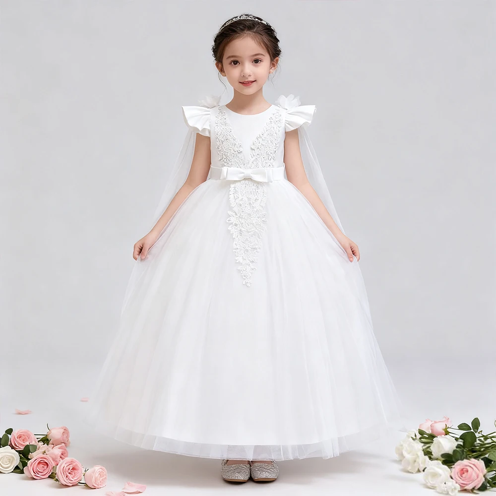 

Princess White Dress For Girls Elegant Wedding Dress Gown Baptismal Costume Formal Sacred First Communion Children's Clothing