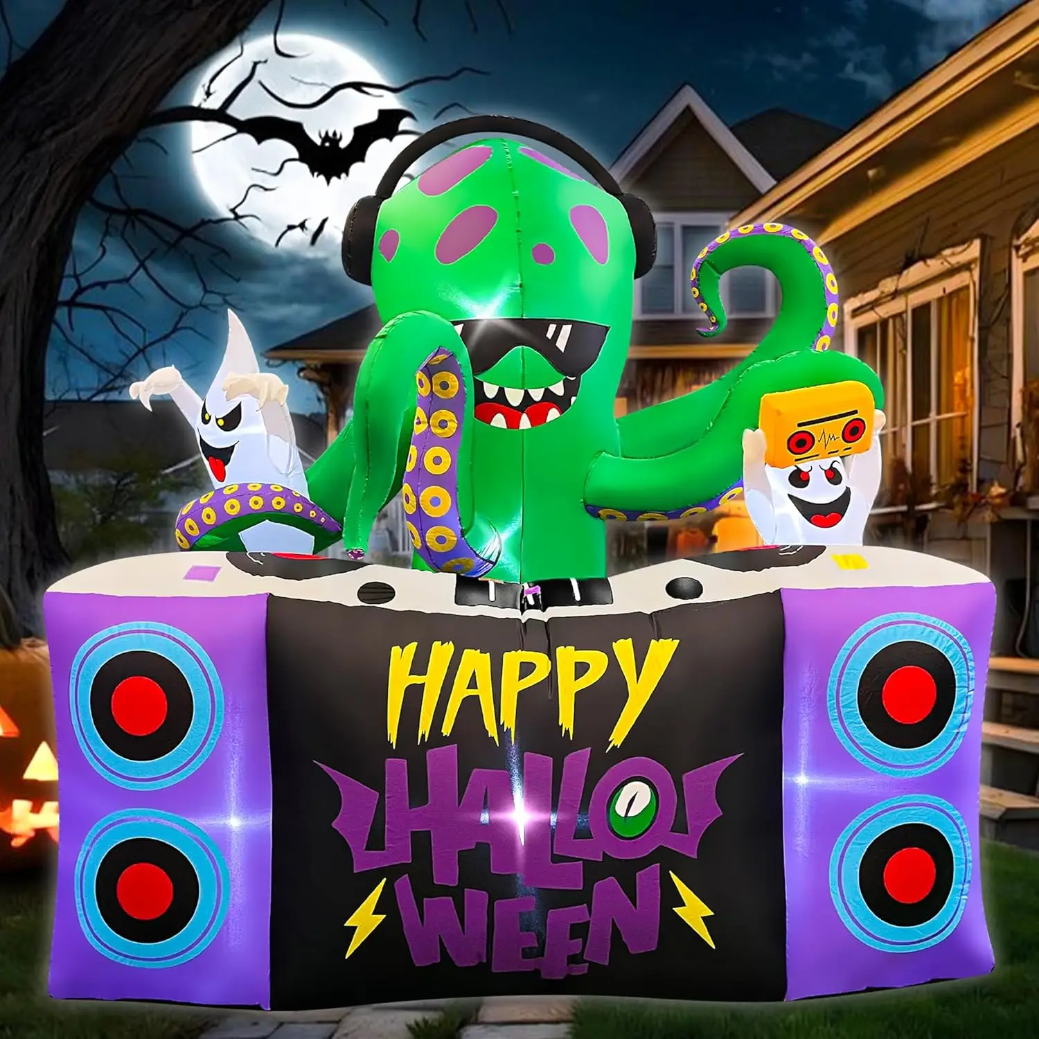 6FT Halloween Inflatables DJ Octopus with Ghost Decoration Built-in Lights Blow up Yard Outdoor Holiday Decorations for Garden