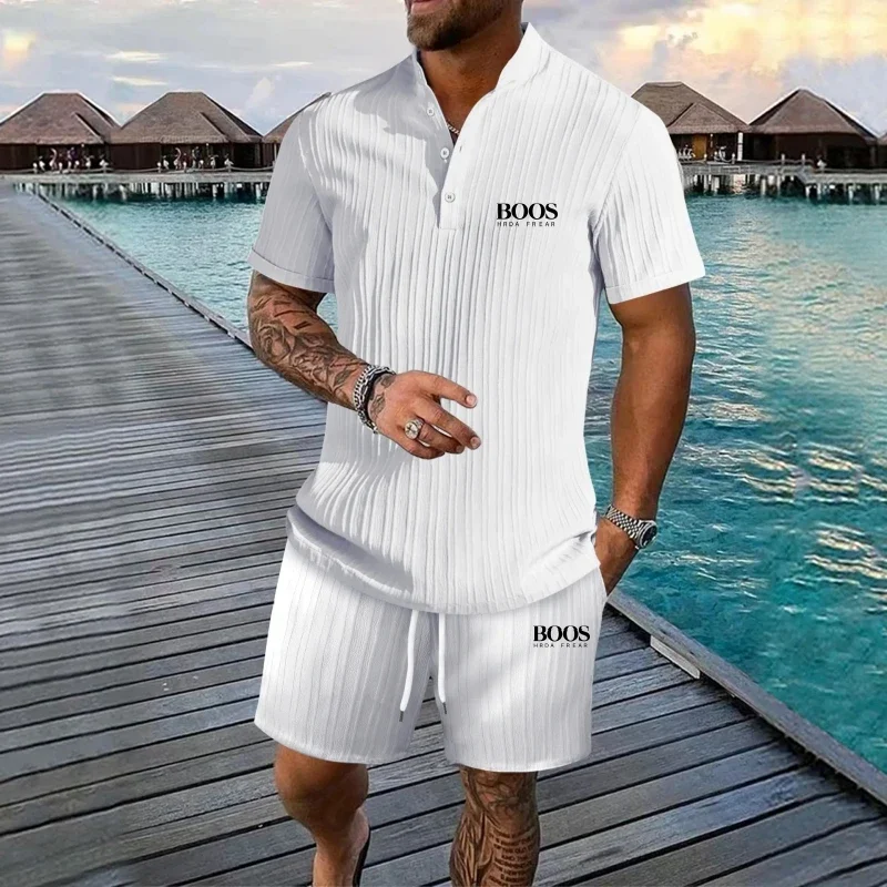 Novo bordado listrado gola de manga curta shorts conjunto camisa para homem, elegante e casual multifuncional praia conjunto