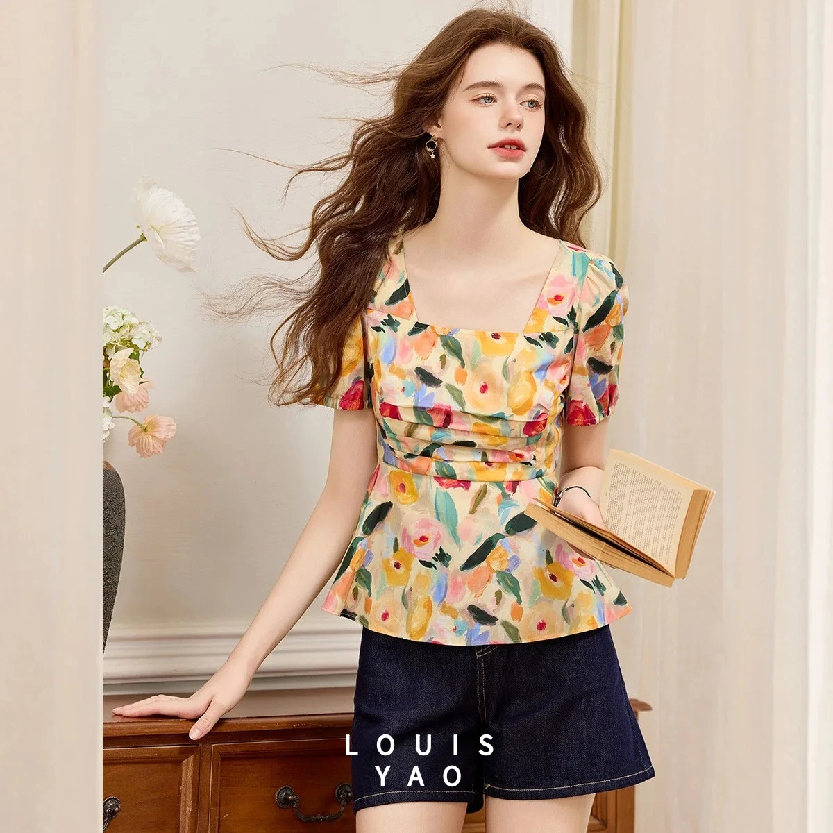 

LOUISYAO Waist Pleated Design Women Blouse 2025 Summer Top Square Neck Printed Short Sleeve Shirt New Street Wear