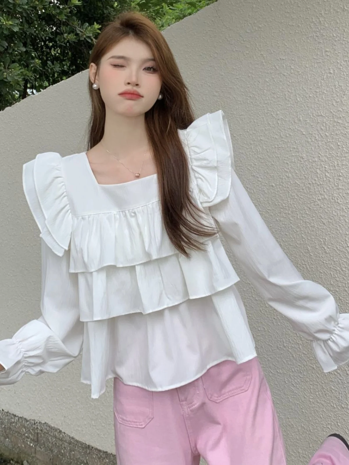 Ele Long Sve feminino irt Conceal Meat Outerwear Japonês Sle Doce Personali Renda Hemline Blusa Casual de Poliéster