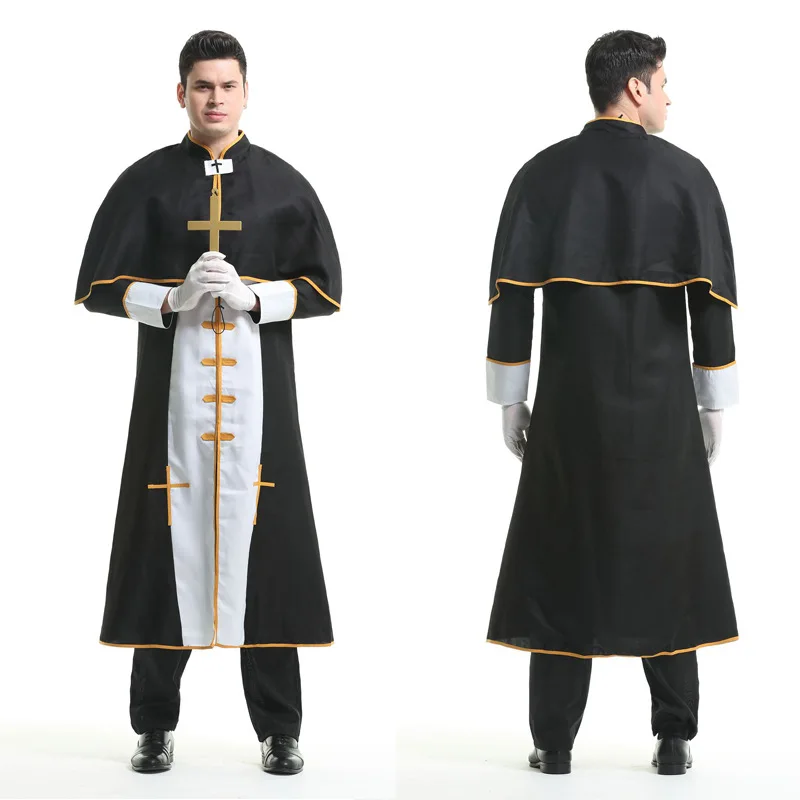 Traje de festa de Halloween para adulto, robe preto, pai medieval, roupas monge