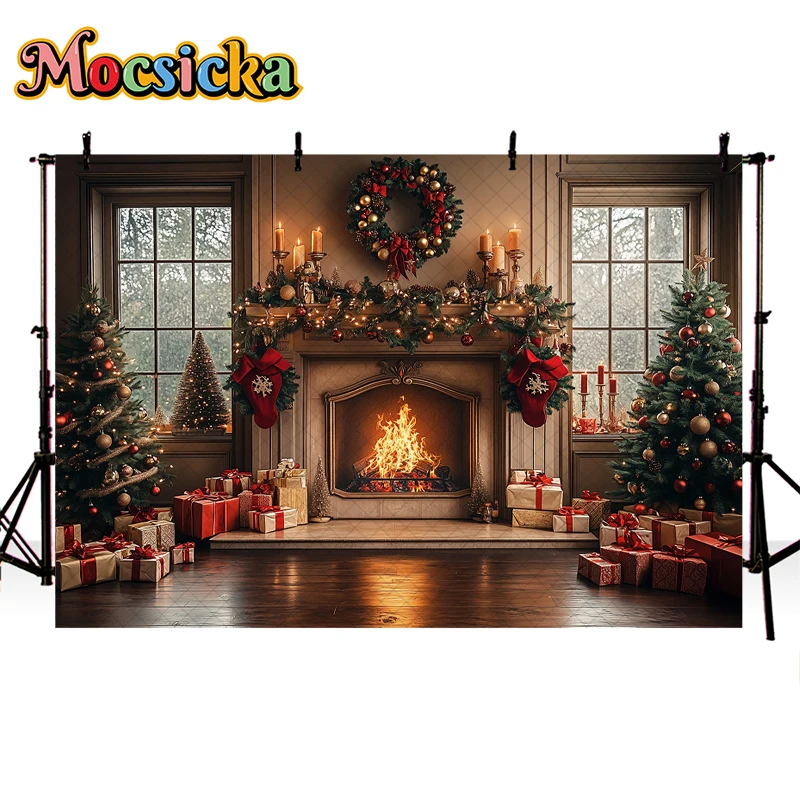 Mocsicka Weihnachten Hintergründe Für Kind Erwachsene Familie Foto Kulissen Wohnzimmer Kamin Weihnachten Baum Dekor Requisiten