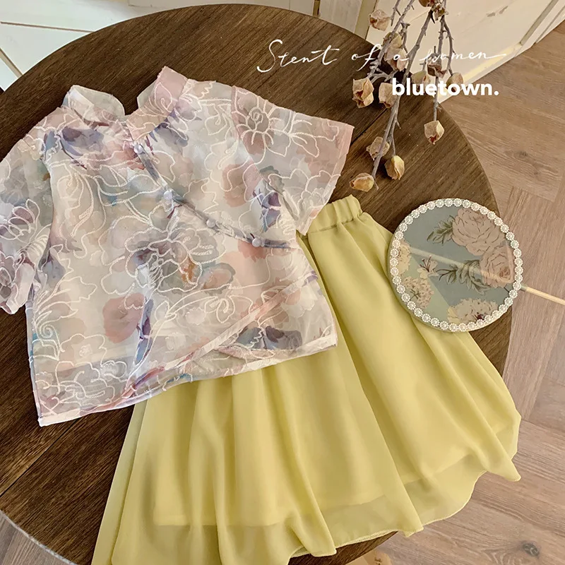 Girls' Improved Cheongsam Suit Summer New Children's Ancient Style Female Treasure Chinese Princess Style Fashion Two-Piece Suit