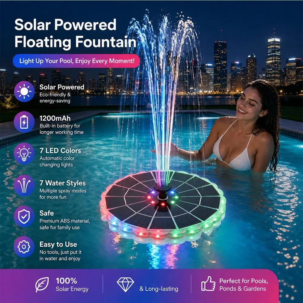 3.5W Outdoor Solar Fountain Pump Kit 7 Nozzles 7-Color Light for Garden Bird Bath Indoor Pond