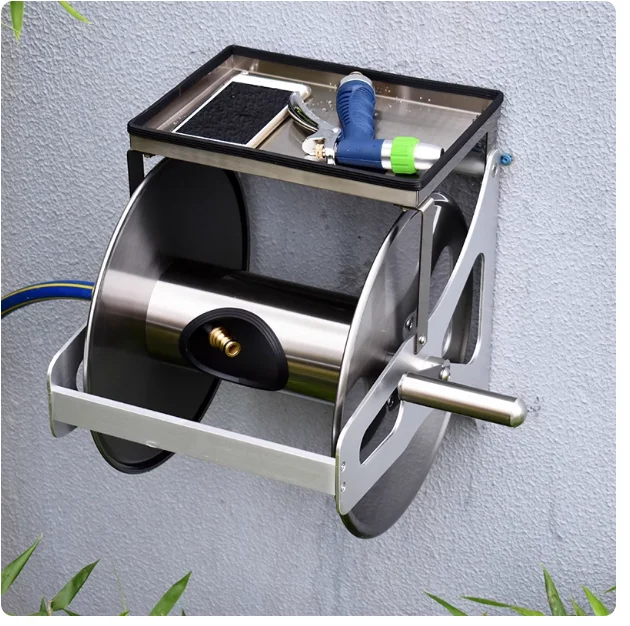 Wall-Mounted Stainless Steel Water Hose Cart Household Car Wash Watering Gun Set Metal Hose Storage Rack