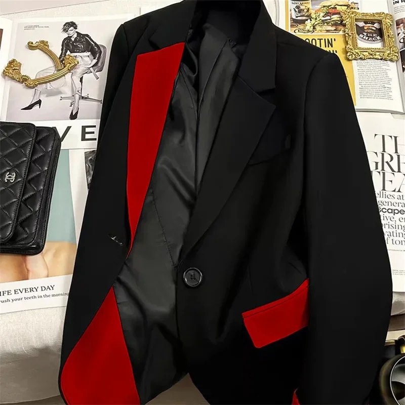 Contrast Color Stitching Women's Blazer Jacket Fashion Pocket Commuter Long Sleeve Top Blazers Temperament Casual Clothes Jacket
