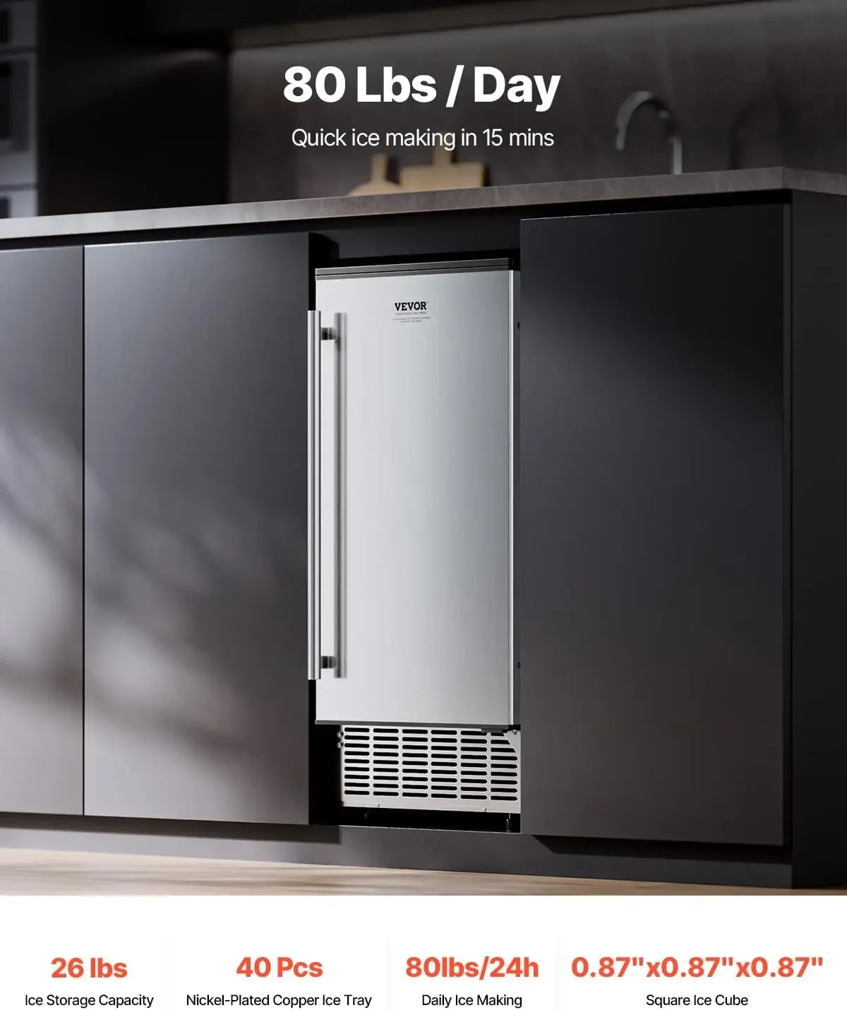 Undercounter Built in Ice Maker 80 Lbs Day Under Counter Ice Maker Machine with Reversible Door Stainless Steel Freestanding