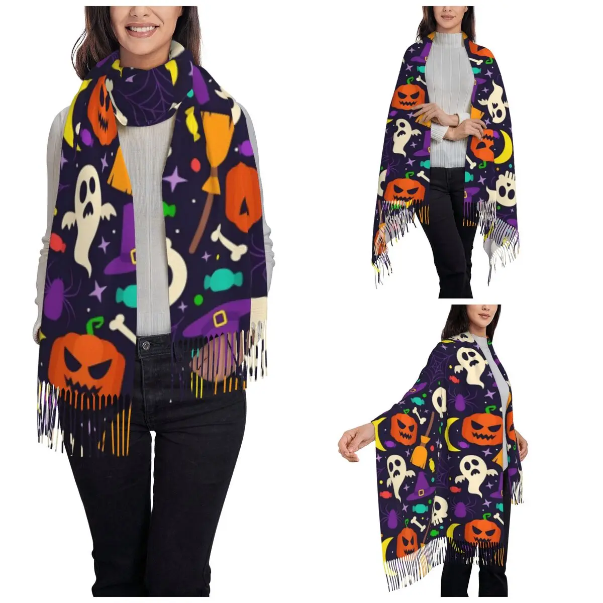 Halloween Shawls Wraps Womens Winter Single-sided Pattern Scarf Ghost Skull Bats Neckerchief Tassel Scarves