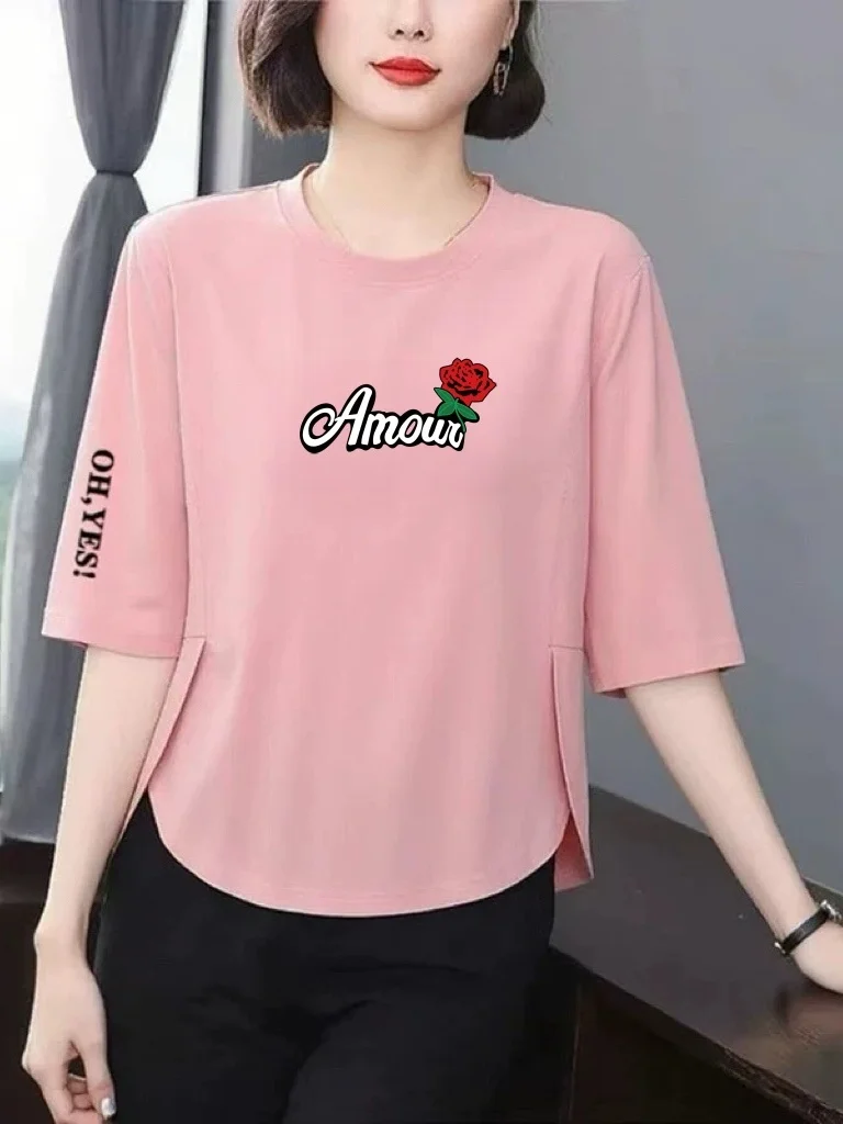 

Свободная футболка с принтом и рукавами три четверти для женщин среднего и пожилого возраста, модный универсальный топ, дышащий, дышащий материал.