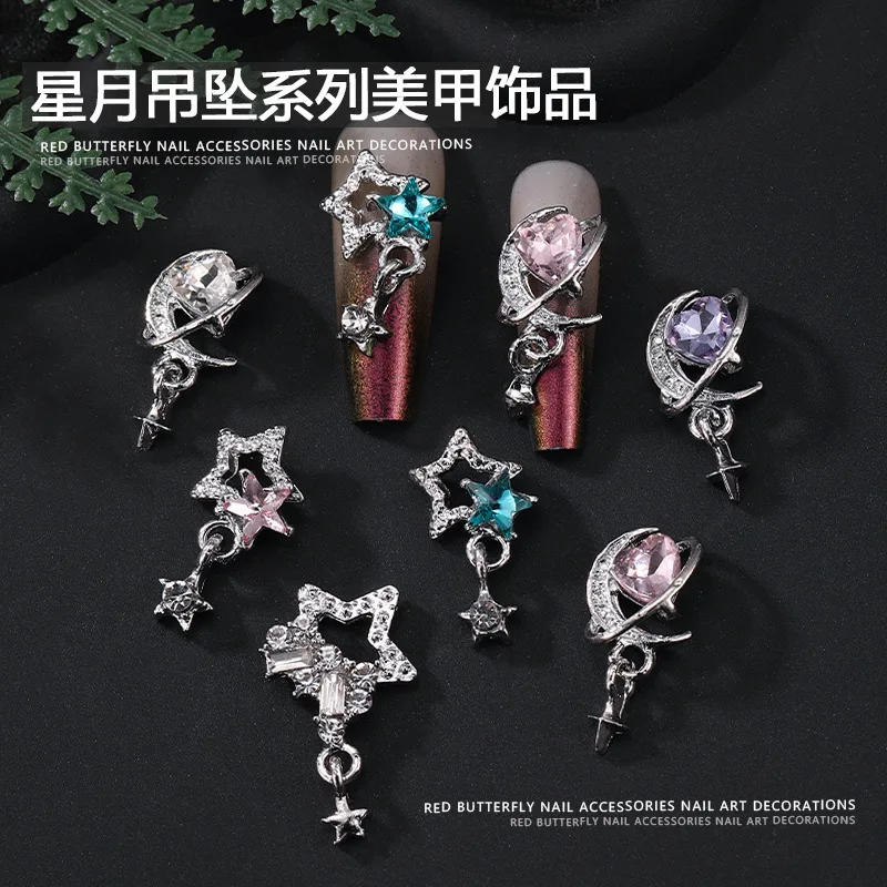 10 قطعة ثلاثية الأبعاد الفاخرة سبيكة القمر نجوم مسمار الفن قلادة جالبة للحظ حجر الراين اكسسوارات ل مانيكير ديكور الأظافر لوازم الديكور #4
