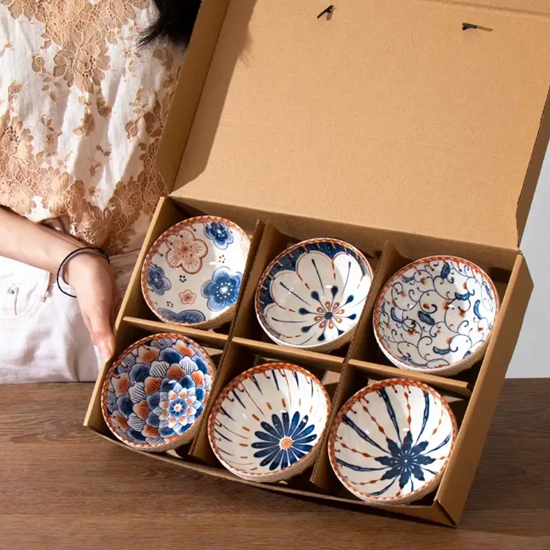 Blue and White Porcelain Bowl Set Underglaze Color Household 4.5 Inch Rice Retro Gift Box Decoration Tableware