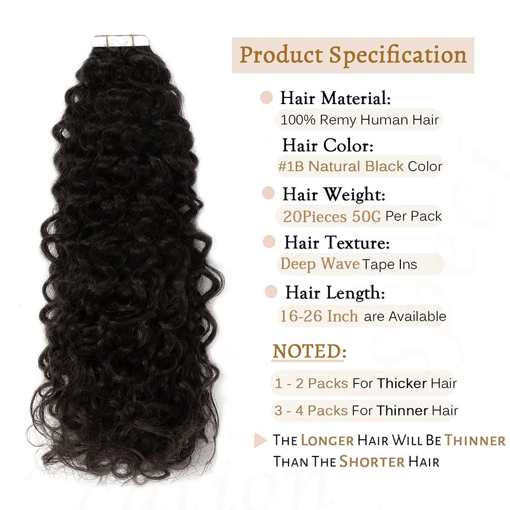 Deep Wave Tape In Hair Extensions Natural Black Color #1B Brazilian Tape In Extensions 16-26 Inches Seamless Invisible For Woman