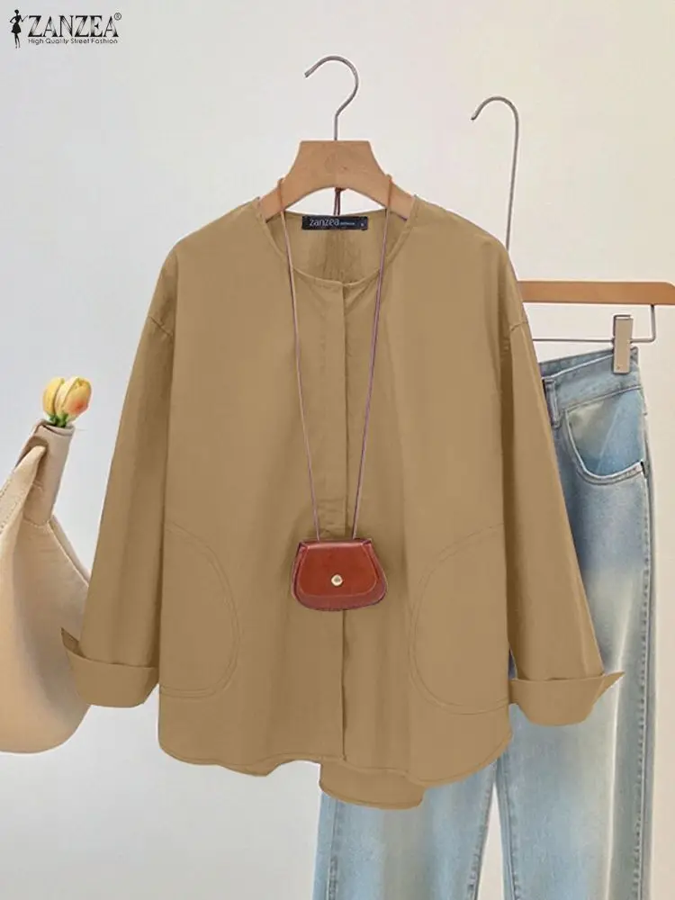 ZANZEA-camisas minimalistas para mujer, camisa informal de manga larga con cuello redondo y costuras abotonadas de Color sólido, ropa detallada para otoño 2025, 3XL