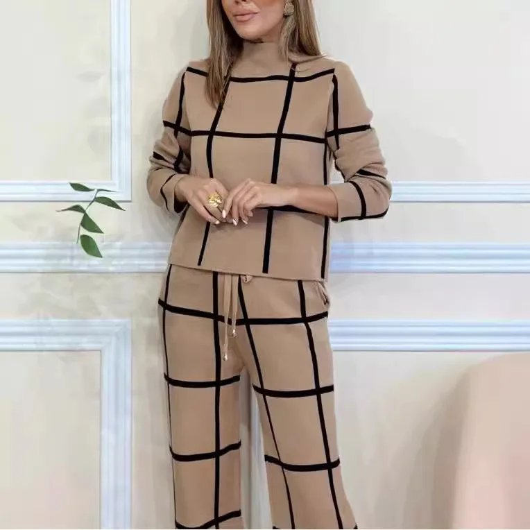 Autumn Winter Fashion Plaid 2 Piece Set Women Casual Office Commuter Lady Half-high Collar Blouse Wide Leg Pants Two Piece Sets