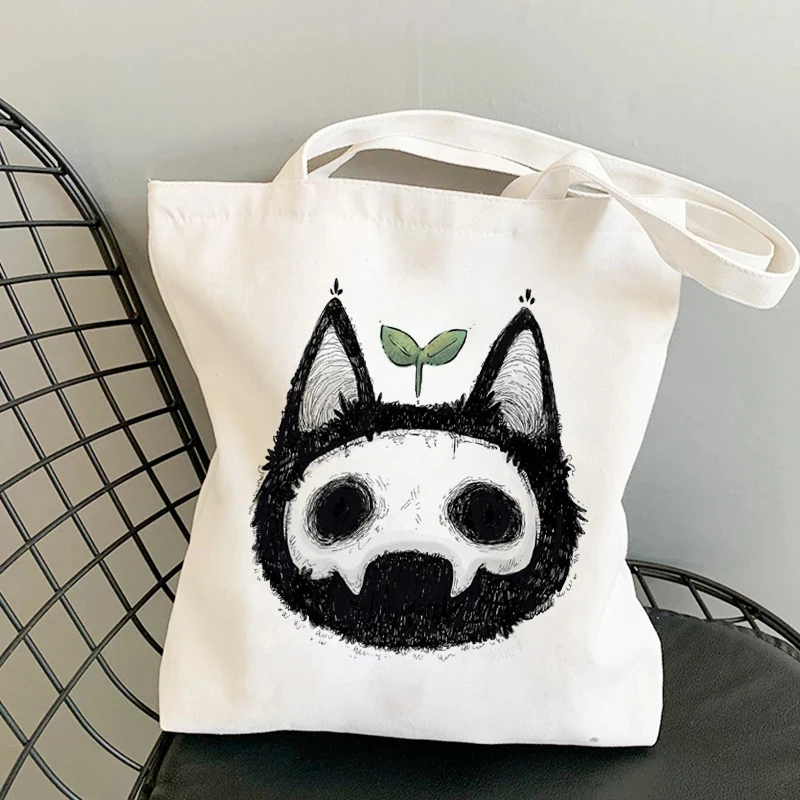 Bolso de compras con diseño de calavera y gato, bolsa de yute plegable, reutilizable, ecológico